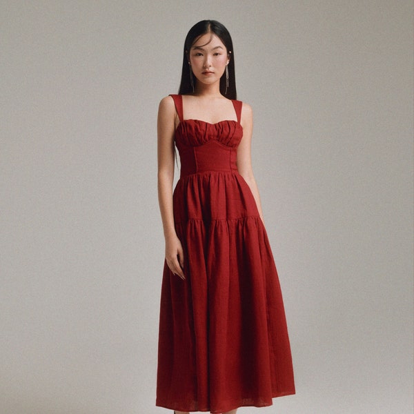 Harvey Midi Dress in Red - Midi linen dress for women, Linen Tube Dress, Linen clothing for women, Cottage Core Dress, Summer linen dress