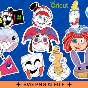 Pode incluir: Um conjunto de dez imagens clipart digitais coloridas que apresentam vários personagens com expressões únicas. Os personagens incluem um bufão, um fantasma, um monstro, uma boneca, um robô e um coelho. As imagens são perfeitas para projetos de artesanato, scrapbooking e design digital.