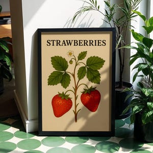 Carte de recette classique impression d'art fraises affiche d'art mural fraise rouge preppy décoration de cuisine tendance imprimable numérique