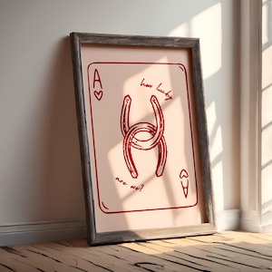 Póster imprimible de vaquera con as de corazones, herradura moderna, decoración de pared para dormitorio con naipes preppy, descarga digital femenina del oeste.