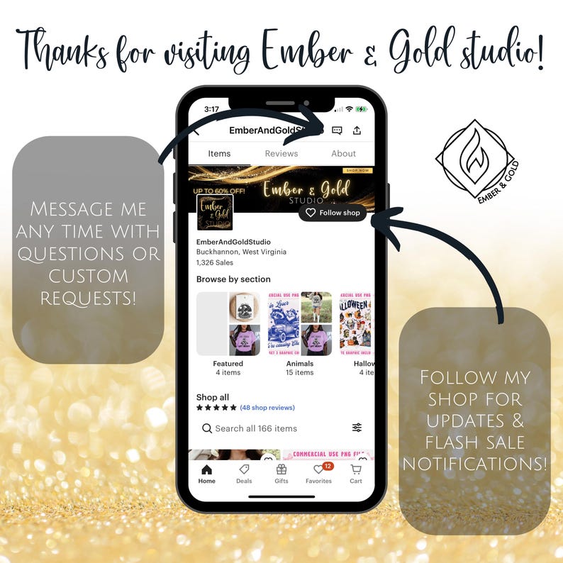 May include: A smartphone screen shows the Ember & Gold Studio Etsy shop, with a banner that says "Up to 60% Off!" and a logo. Text on the screen says "Follow shop." The image includes the text "Thanks for visiting Ember & Gold studio!"