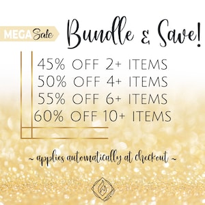 May include: A gold glitter background with text promoting a "Bundle & Save!" offer. The graphic states discounts: 45% off 2+ items, 50% off 4+ items, 55% off 6+ items, and 60% off 10+ items. The text "applies automatically at checkout" is also included.