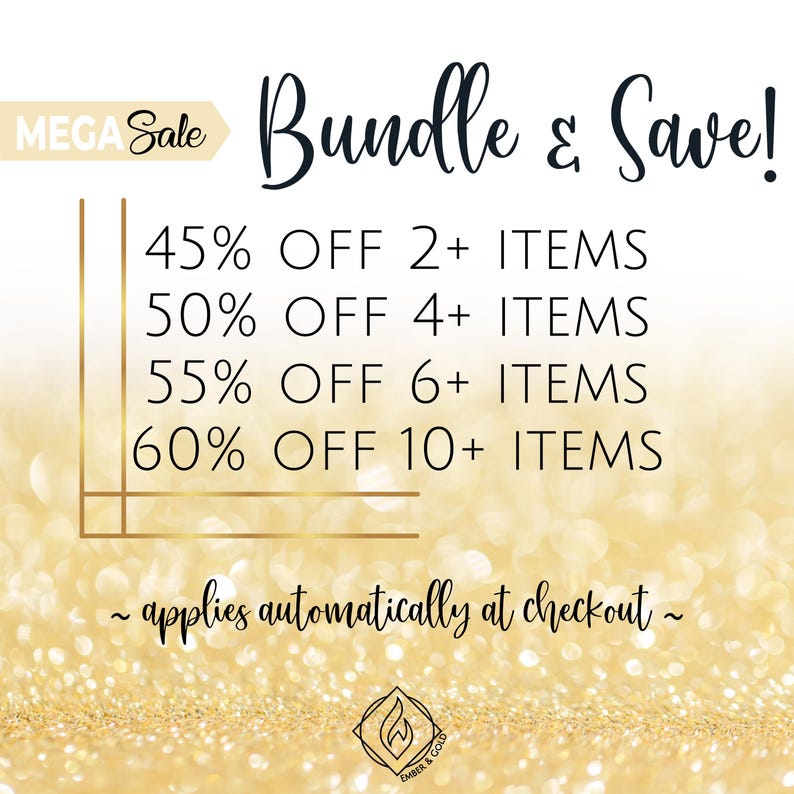 May include: A gold glitter background with text promoting a "Bundle & Save!" offer. The graphic states discounts: 45% off 2+ items, 50% off 4+ items, 55% off 6+ items, and 60% off 10+ items. The text "applies automatically at checkout" is also included.