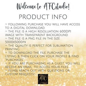 May include: Text on a gold glitter background with the words "Welcome to AFCstudio!" and "PRODUCT INFO". The text describes the details of a digital download, including the file size, resolution, and how to download the file.