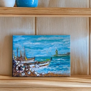 Dipinto originale in acrilico su tela con paesaggio costiero: arte murale nautica sulla spiaggia
