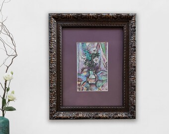 Flower Bouquet Original Acrylic Painting Aesthetic Wall Decor, Maximalist Decor, Vintage Style Frame,  Botanical Moody Wall Art