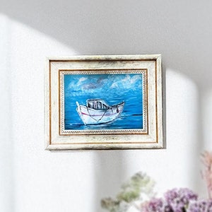 Seascape Boat Painting: Coastal Ocean Beach Wall Art, Acrylic on Panel
