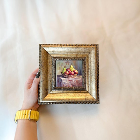 Framed Apple Pear Acrylic Painting: Small Fruit Still Life Art