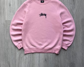 Vintage Stussy Crewneck Pink Sweatshirt Center Embroidered Logo Y2K
