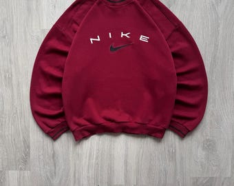 Vintage Nike 90s Crewneck Sweatshirt Red Baggy Fit Y2K Unisex Big Center Swoosh Nike Embroidered Logo