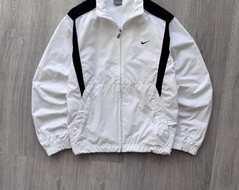 Nike Vintage 00's White/Black Nylon Track Jacket Windbreaker Mini Swoosh Logo Y2K