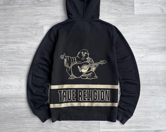 True Religion Y2K Zip up Black Hoodie Big Buddha Logo Japanese