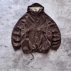 Vintage Nike Brown Nylon Anorak Jacket Windbreaker 1/3 Zip Center Swoosh Embroidered Logo Mens M 1990s Streetwear