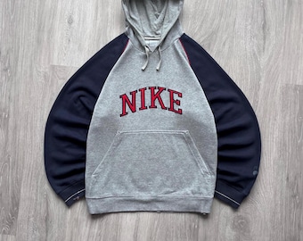 Sudadera con capucha holgada Nike Y2K gris vintage con el logotipo central de Nike bordado grande, años 2000