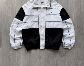 Chaqueta deportiva cortavientos Nike vintage de los 90, de nailon, blanca/negra, estilo retro con mini logo Swoosh, talla grande para hombre.