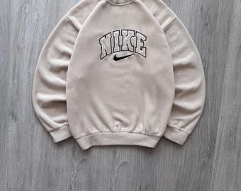 Vintage Nike 90s Crewneck Beige Sweatshirt Fleece Big Center Swoosh Nike Embroidered Logo Unisex Y2K