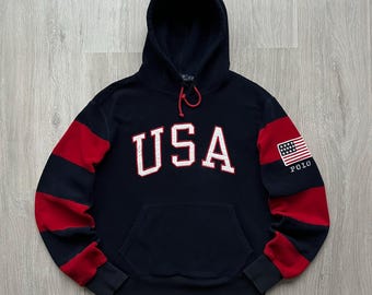 Sudadera con capucha vintage de polar Polo Ralph Lauren con el logotipo bordado de la bandera grande de EE. UU.