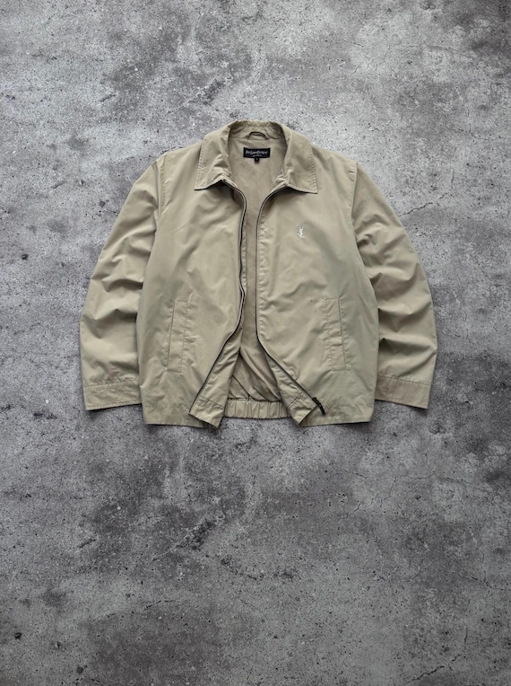 Saint Laurent, Vintage Yves Saint Laurent Beige Harrington Jacket Bomber With Mini YSL Logo 1990s Size Mens Large
