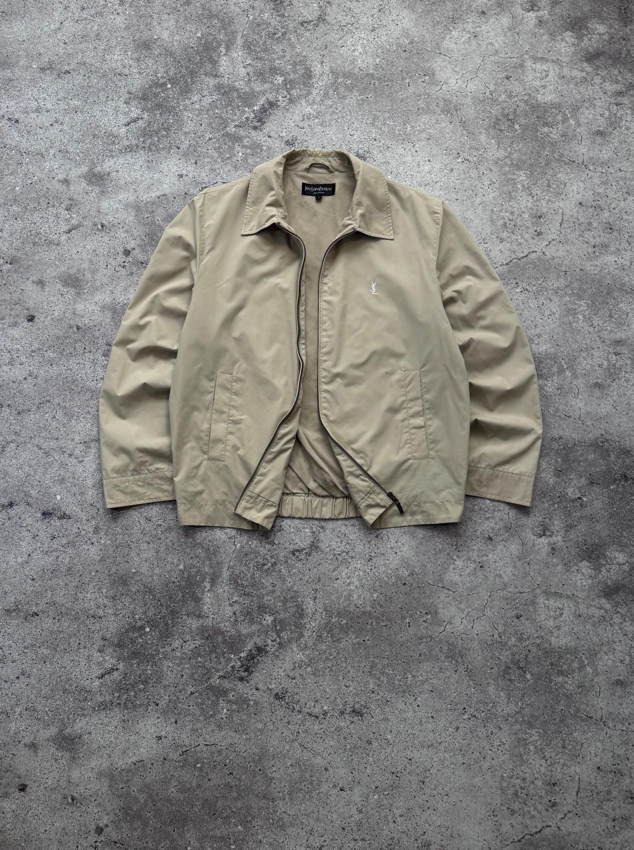 Saint Laurent, Vintage Yves Saint Laurent Beige Harrington Jacket Bomber With Mini YSL Logo 1990s Size Mens Large