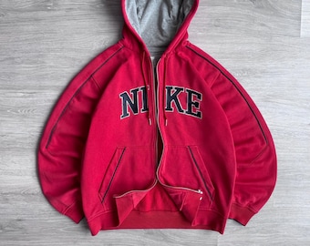 Sudadera con capucha Nike vintage con cremallera Y2K y logotipo bordado de Nike en el centro grande, años 2000