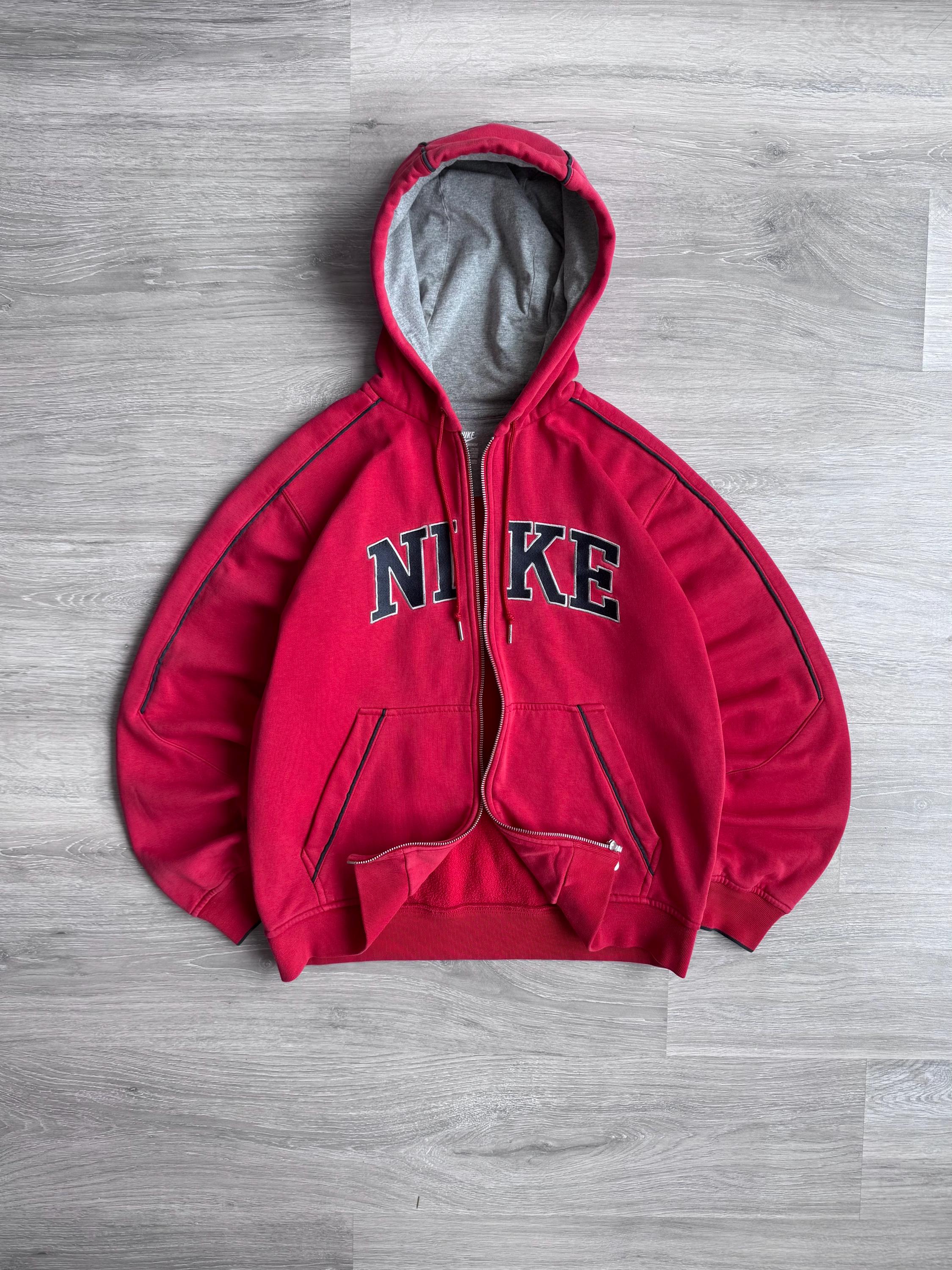 nike mini swoosh oversized cropped red zip through hoodie