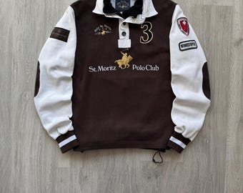 Sudadera de rugby vintage del St. Moritz Polo Club de Suiza, polo de nieve, peso pesado, de lujo, cortavientos.