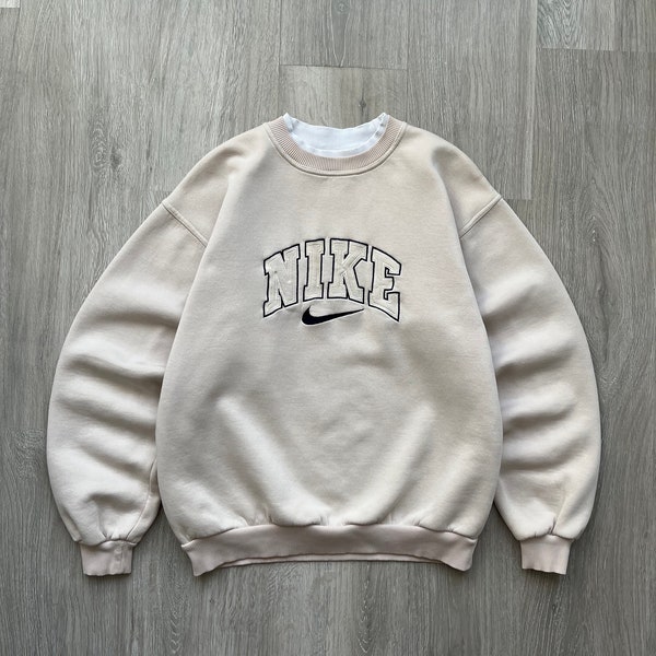 Nike Vintage 90’s Baggy Crewneck Sweatshirt Cream Big Center Swoosh Nike Embroidered Logo