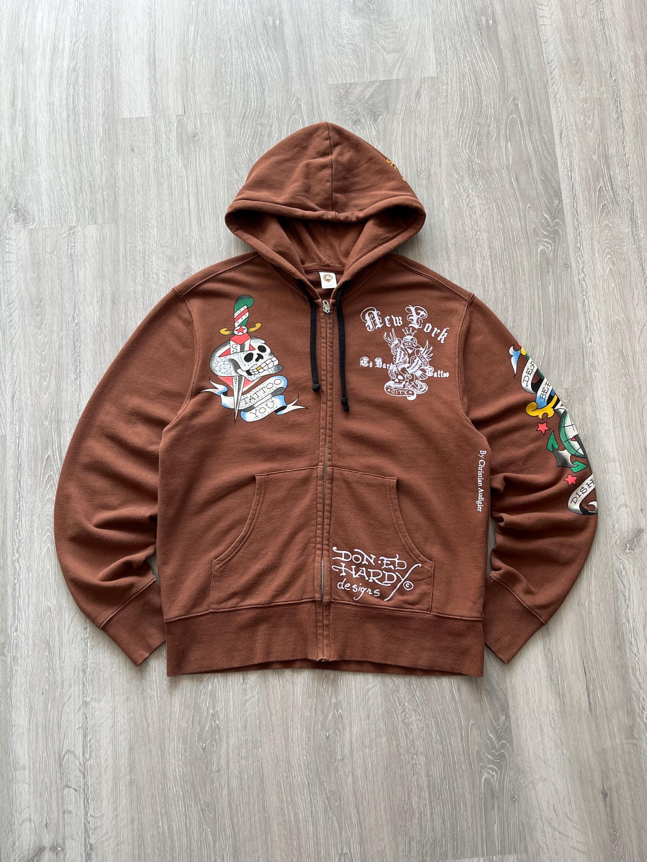 トップス archive Ed Hardy zip hoodie grunge y2k Vintage Ed Hardy Womens Zip Hoodie Size Medium All Over