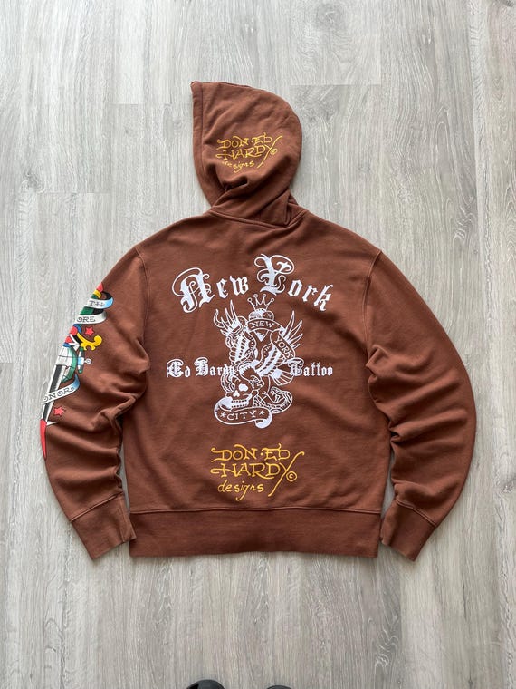 Vintage Ed Hardy Brown Zip up Hoodie by Christian Audigier Big Vintage Ed Hardy Brown Zip up Hoodie by Christian Audigier Big