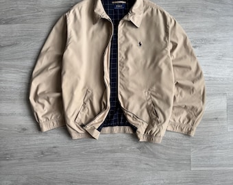 Chaqueta bomber Harrington beige vintage de Polo Ralph Lauren de los años 90 con logo de mini caballo Y2K