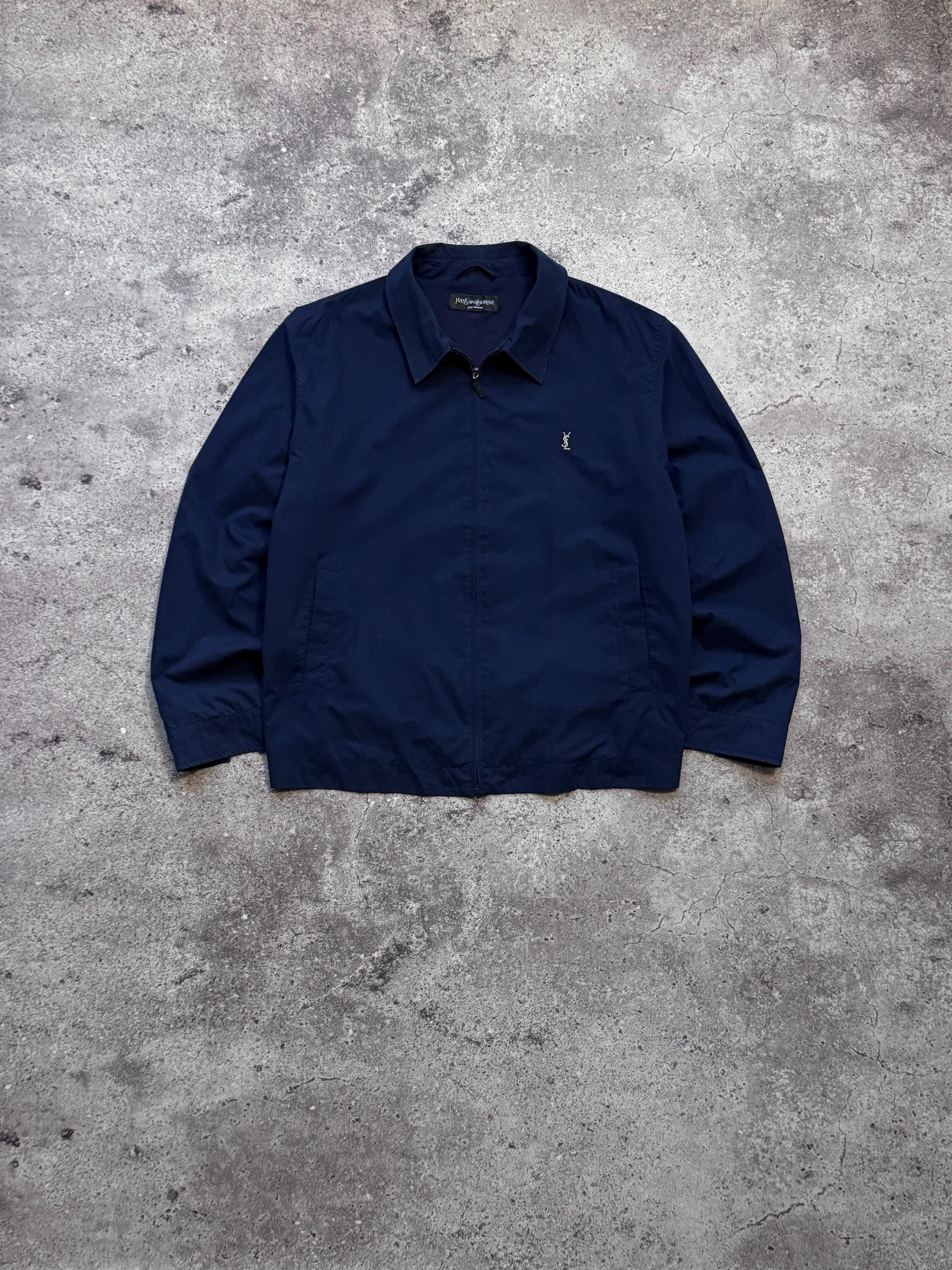 Saint Laurent, Vintage Yves Saint Laurent Navy Harrington Jacket Bomber Mini YSL Logo Mens Large X Large 1990s