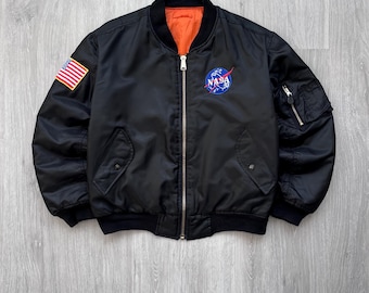 Vintage MA-1 Intermediate Flight Black Bomber Jacket USAF Nasa Usa Flag Reversible 2 Side