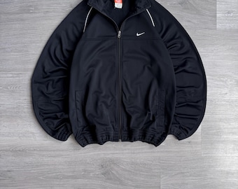 Vintage Nike Black TrackJacket Windbreaker Zip Though Sweatshirt 00s Mini Swoosh Logo Y2K Streetwear