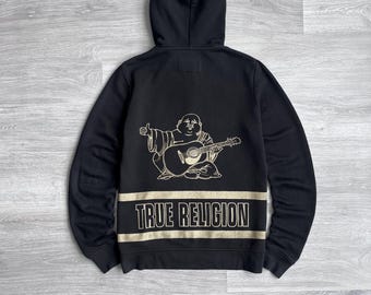 True Religion Y2K Zip Up Black Hoodie Big Buddha Logo Japanese Style