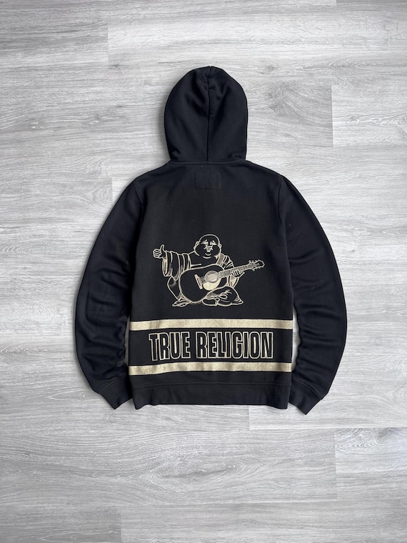 True Religion Y2K Zip up Black Hoodie Big Buddha Logo Japanese