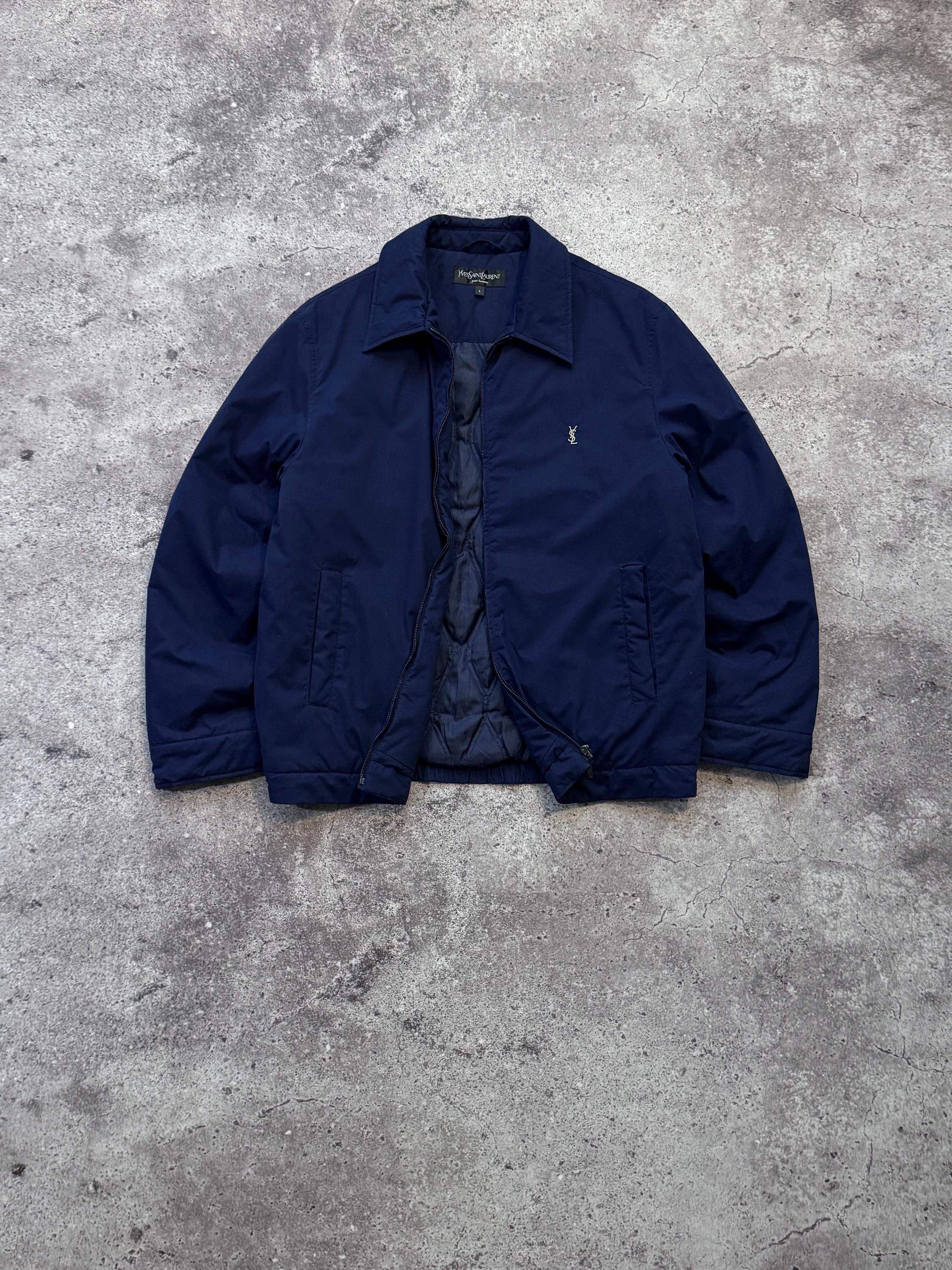 Saint Laurent, Vintage Yves Saint Laurent Navy Harrington Jacket BomberWith An Insulated Lining Mini YSL Logo Mens Large Rare 1990s