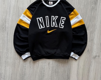 Nike 90s Crewneck Black Sweatshirt Vintage Baggy Fit Y2K Unisex Big Center Swoosh Nike Embroidered Logo