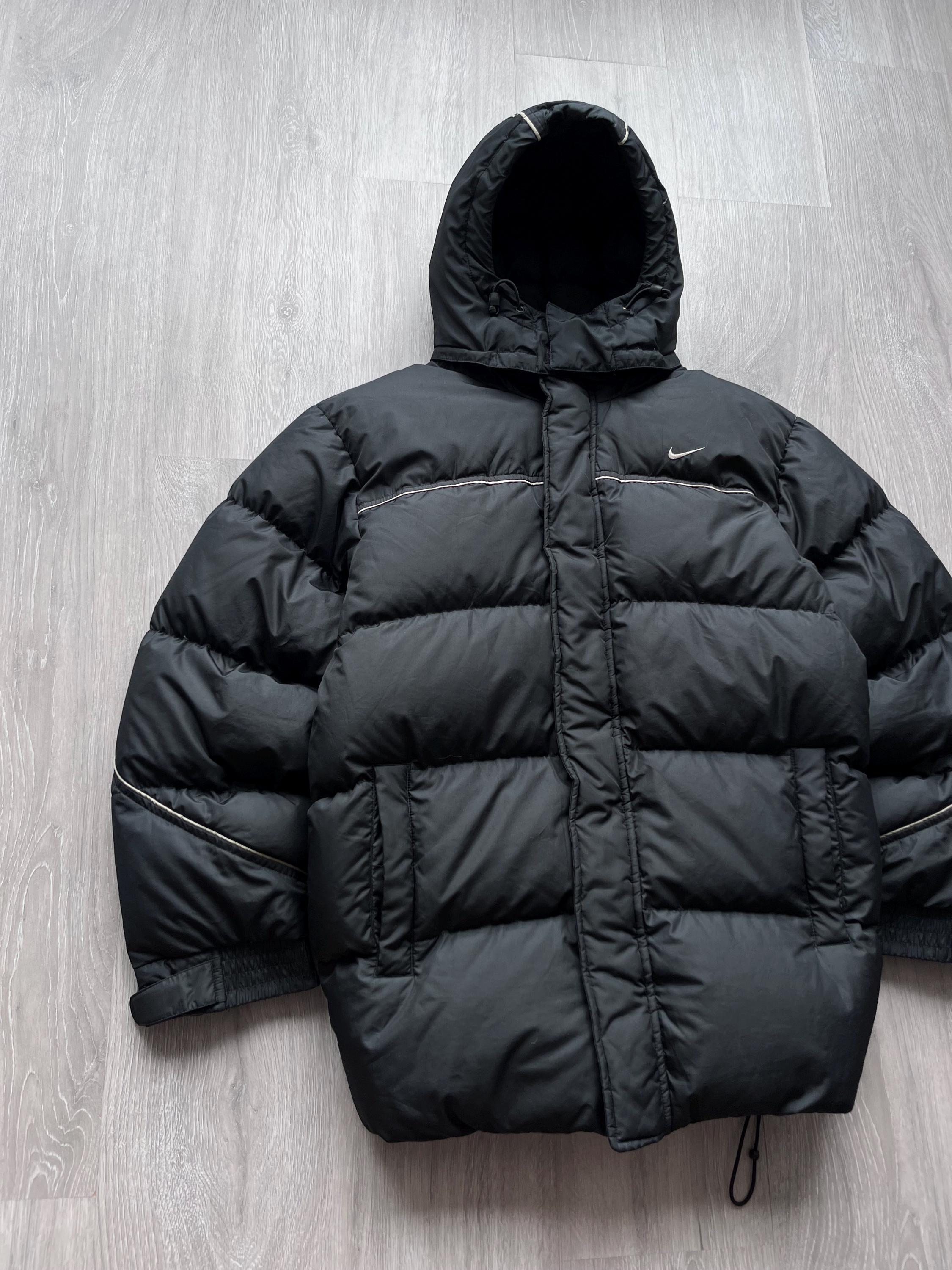 Vintage Nike 00's Black Down Puffer Jacket Mini Swoosh Logo Y2K