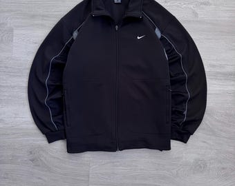 Vintage Nike Black Track Jacket Windbreaker Zip Sweater 00’s Mini Swoosh Logo Y2K
