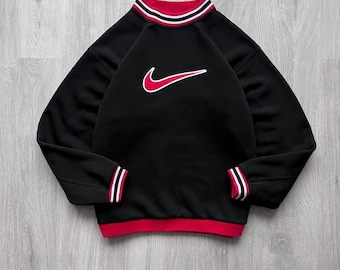 Nike 90s Black Crewneck Sweatshirt Vintage Retro Style Big Swoosh Embroidered Logo