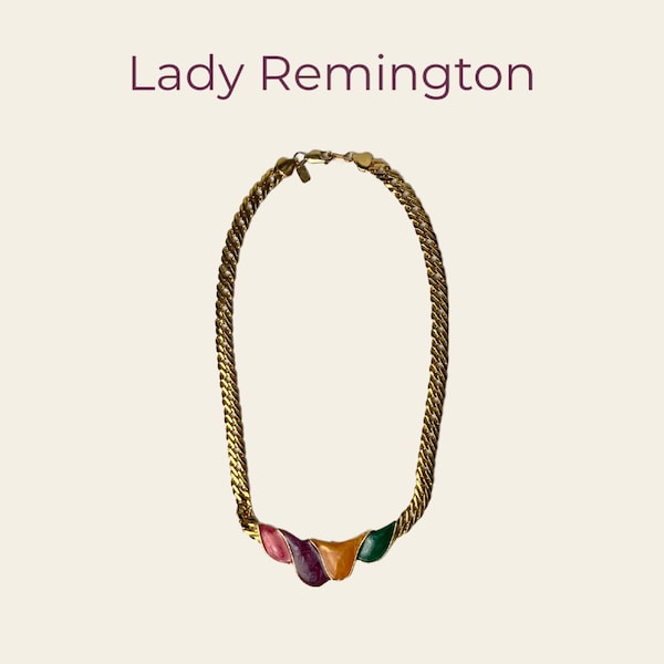 Vintage L.R. Lady Remington Colorful Enamel Gold Tone Cuban Link Necklace
