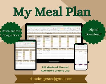 May include: A digital meal plan displayed on a laptop, tablet, and smartphone. The text "My Meal Plan" is at the top, with "Download via Google Docs" and "Digital Download!" in green starbursts. The plan is editable with an automated grocery list.
