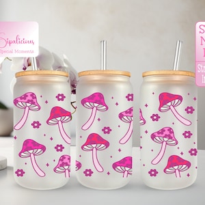 Retro Boho Mushroom Glass Cup - Pink Floral Mushroom Iced Coffee Glass - Glass Tumbler Mother&#39;s Day Gift For Her - Glass with Lid and Straw