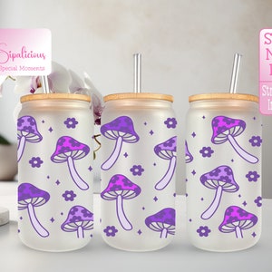 Retro Mushroom Glass Cup - Pink Floral Mushroom Iced Coffee Glass - Glass Tumbler Mother&#39;s Day Gift For Her - Glass with Lid and Straw