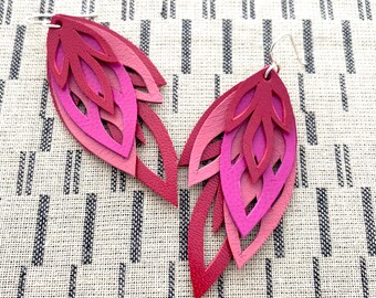 Red Leather Multi Layer Leaf Earrings