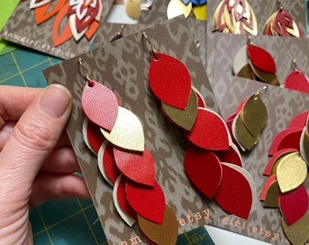 Red and GOLD  Cascade Leather Earrings