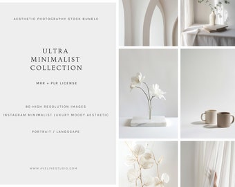 Ultra Minimalist Collection: 90 high resolution editorial AI-generated Stock Images with MRR+PLR License. Instagram Minimal Moody Aesthetic