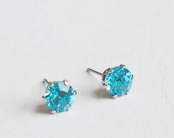 Timeless Light Turquoise Swarovski Crystal Diamond Cut Stud Earrings 6mm. Nickel Free Earrings. Simple Everyday Earrings.