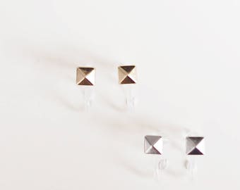 Invisible Clip On Earrings. Gold and Silver 4mm Studs. Super tiny square pyramid earrings. Geometric Earrings. Minimalist Earrings