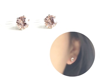 Invisible Clip On Earrings. Timeless Vintage Rose Pink Swarovski Crystal Diamond Cut Stud Earrings 6mm. Simple Non Pierced Earrings